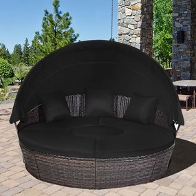 Cama de jardim redonda com Toldo retrátil Assentos separados Almofadas de vime de rattan Mesa de café Jardim Pátio castanho e Preto