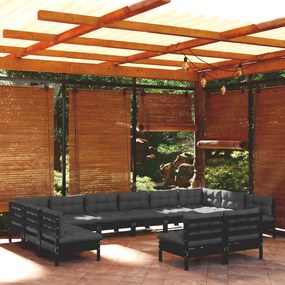 vidaXL 12 pcs conjunto lounge jardim c/ almofadões pinho maciço preto