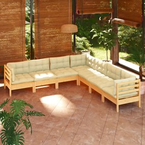 vidaXL 7 pcs conjunto lounge jardim c/ almofadões creme pinho maciço
