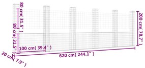 Cesto gabião em forma de U c/ 6 postes 620x20x200 cm ferro