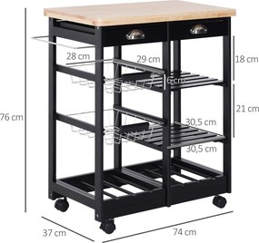 Carrinho de Cozinha  com Rodinhas com Prateleira e Gaveta 74x37x76cm Preto