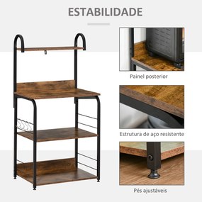 Estante de Cozinha Estante para Microondas com 4 Níveis Ganchos e Pés Ajustáveis Estante de Armazenamento 60x40x125 cm Castanho Rústico