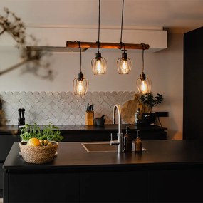 Candeeiro de suspensão inteligente preto com madeira incl. 4 Wifi A60 - Stronk