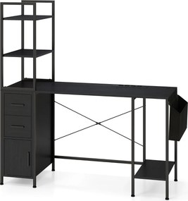 Secretária de escritório : 145 x 50 x 147,5 cm com luzes LED e tomadas elétricas Suporte para CPU e bolso de tecido preto