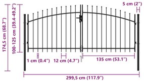 Portão p/ cerca porta dupla topo em espetos 3x1,25 m aço preto