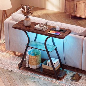 Mesa consola com luzes LED e estação de carregamento 79,5 x 30,5 x 81,5 cm, 3 níveis, estantes abertas, kit anti-tombamento, estrutura metálica, para