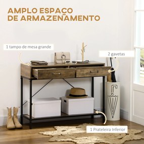 Mesa Consola Industrial Mesa de Sofá com 2 Gavetas e Prateleira para Entrada com Pés de Metal Castanho e Preto