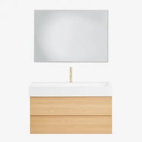 Conjunto De Móvel De Casa De Banho Suspenso Em Madeira E Folha De Freixo Com Lavatório Integrado Ona Madeira Natural & Led - Sklum