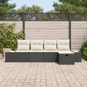 Conjunto de Sofá de Jardim com 5 Peças e Almofadas Preto Rattan Poliés