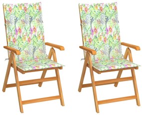 Cadeiras jardim c/ almofadões padrão folhas 2 pcs teca maciça