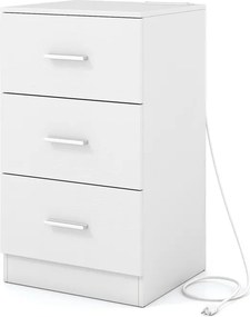 Mesa de cabeceira com base de carregamento 38 x 35 x 66 cm, 3 gavetas, porta USB, moderna, para sala ou quarto, branca