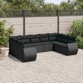9 pcs conjunto de sofás p/ jardim c/ almofadões vime PE preto