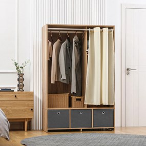 Armário de roupa, com varão para cortinas, 3 gavetas de tecido removíveis, 105 x 48 x 160 cm, natural