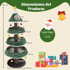 Arranhador para gatos em forma Árvore de Natal 179 cm com Vários Níveis com 3 Plataformas de Veludo Cabide Fechado Superior Verde