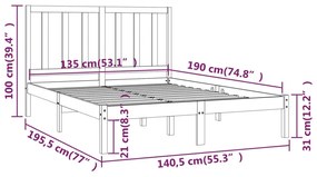 Estrutura de cama dupla 4FT6 135x190 cm pinho maciço cinzento