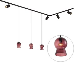Sistema de Calhas Moderno Preto com 4 Focos e 3 Candeeiros Pendentes Roxos Monofásico - Iconic Bell Jeana Luxe