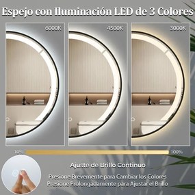Espelho de banho LED redondo de 60 cm com moldura de alumínio e função antiembaciamento 3 cores de luz e brilho preto