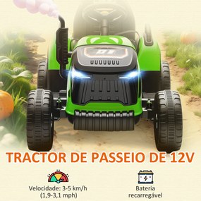Trator Elétrico para Crianças com Reboque Desmontável Bateria 12V Velocidade 3-5 km/h Controle Remoto 2,4G 139x58x55 cm Verde