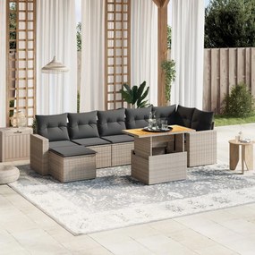 8 pcs conjunto sofás de jardim c/ almofadões vime PE cinzento