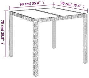Mesa de jardim com tampo de vidro 90x90x75 cm vime PE cinzento