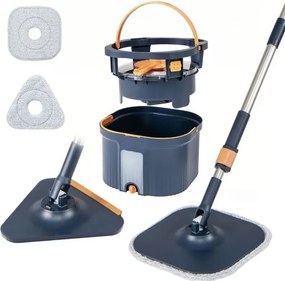 Esfregona giratória com balde separador de água limpa e suja, cabeças autoescorregantes, panos de microfibra, limpeza profunda 360°, azul escuro