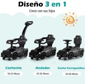 Carrinho de bebé deslizante 3 em 1 com corrimão e guiador amovíveis Música e faróis Rodas Carrinho de bebé Preto