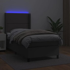 Cama box spring c/ colchão/LED 90x190 cm couro artificial cinza