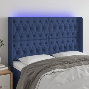 Cabeceira de cama c/ luzes LED tecido 147x16x118/128 cm azul