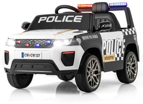 Carro de polícia elétrico com bateria de 12V 7A para crianças com Controlo remoto Sirene de música e luz LED intermitente Preto+Branco