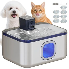 PawHut Fonte de Água para Gatos de Aço Inoxidável 5L Bebedouro Automático para Gatos Fonte de Água para Várias Mascotes com Luz LED Bomba Super Silenciosa Sensor de Movimento e Filtro de 3 Etapas 25,3x20x18 cm Preto