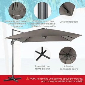Guarda-sol 300 cm para jardim com manivela, 3 inclinações, rotação de 360°, 8 varas, base cruzada Cinzento