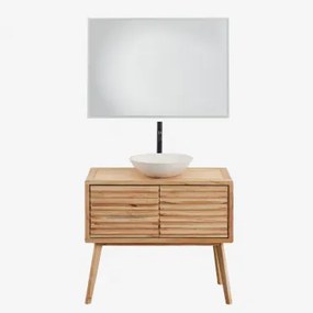 Conjunto De Móvel De Casa De Banho Em Madeira Deleyna Madeira Natural & Cimento Redondo Branco Ø40 Cm Zavion & Led Retangular - Sklum