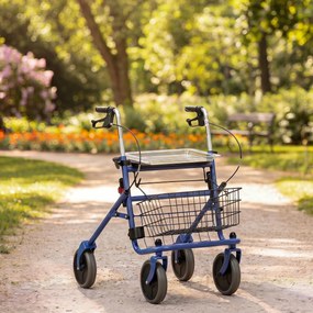 Andador 4 rodas dobrável, rollator em aço inoxidável, assento acolchoado em PU, pega regulável, azul