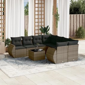 9 pcs conjunto sofás p/ jardim com almofadões vime PE cinzento