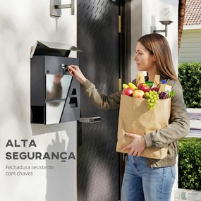 Caixa de Correio Exterior de Aço Inoxidável 13 L Caixa de Correio de Parede com Fechadura e 2 Chaves Suporte para Jornais Cinzento Escuro