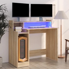 vidaXL Secretária com luzes LED 97x45x90 cm madeira processada sonoma