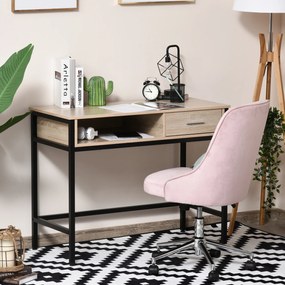 Secretária com arrumação de estilo industrial, secretária para computador com gaveta, estrutura em metal preta, tampo em madeira de carvalho claro