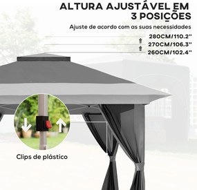Pérgola Dobrável 356x356x280 cm com 4 Paredes Laterais de Malha Anti-UV Altura Ajustável e Bolsa de Transporte Cinza Escuro