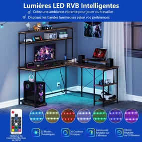 Mesa de jogos em formato de L com faixa de LED e tomadas, mesa de canto com monitor/suporte para CPU, preta