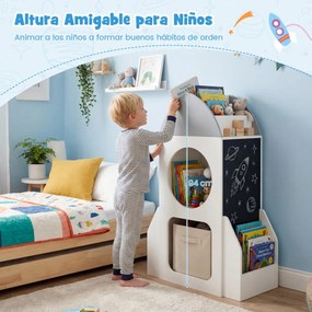 Estante infantil de 3 níveis com tema espacial 60 x 31 x 94 cm, quadro negro e 2 compartimentos para sala de aula, brinquedos e creche – Branco + Cinz