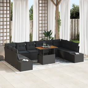 Conjunto de Sofá de Jardim de 11 Peças com Almofadas Preto Rattan