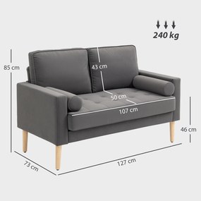 Sofá de 2 lugares moderno em veludo, com 127 cm, almofadas grossas, 2 travesseiros e assento estofado 127 x 73 x 85 cm cinzento