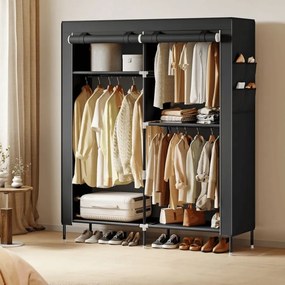 Guarda roupa em tecido 45 x 127 x 180 cm com varão e prateleiras práticas preto