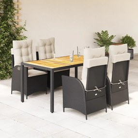 5 pcs conjunto de jantar p/ jardim c/ almofadões vime PE preto