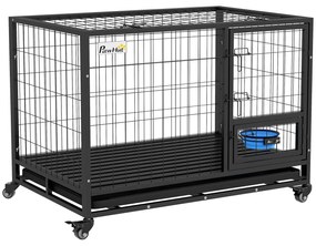 PawHut Gaiola para Cães 109x72x79 cm com Parte Superior Rebatível Suporte de Tigelas Bandeja Amovível Rodas e Porta Dupla Preto | Aosom Portugal