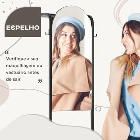 Móvel Cabide de Entrada com Espelho e Sapateiro Móvel Cabide de Entrada Moderno com Trilho para Pendurar 2 Ganchos para Corredor 44x40x176cm Preto