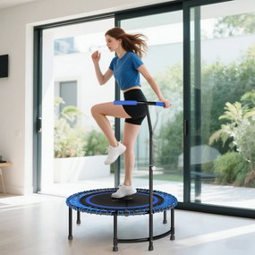 Trampolim de fitness de 114 cm, cordas elásticas, pega ajustável em 5 posições, trampolim de exercício silencioso, azul