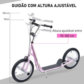 Trotinete para Crianças acima de 5 anos Scooter de 2 Rodas Grandes Insufláveis de 16 Polegadas com Freios e Guidão Ajustável em Altura 143x58x92-100cm