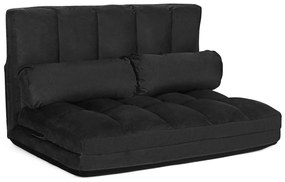 Sofá de chão ajustável Sofá-cama dobrável em 6 posições Revestimento removível em camurça com 2 almofadas Preto