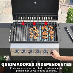 Grelhador a Gás Barbeceu com 6 Queimadores 15 kW Termómetro 2 Prateleiras Laterais eArmário 135x51x101 cm Preto